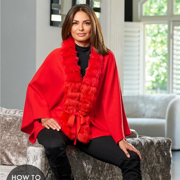 Boston proper Faux Fur Tie Waist Poncho Cape Racing Red size l/xl - Picture 1 of 4
